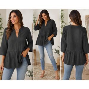 The Drop Black Cotton Gauze Peplum Tunic Top Women's M Boho 3/4 Sleeve